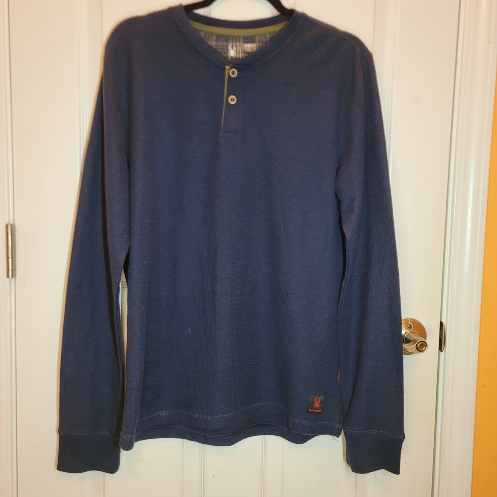 Spyder Navy Waffle Knit Long Sleeve Henley Sz Large